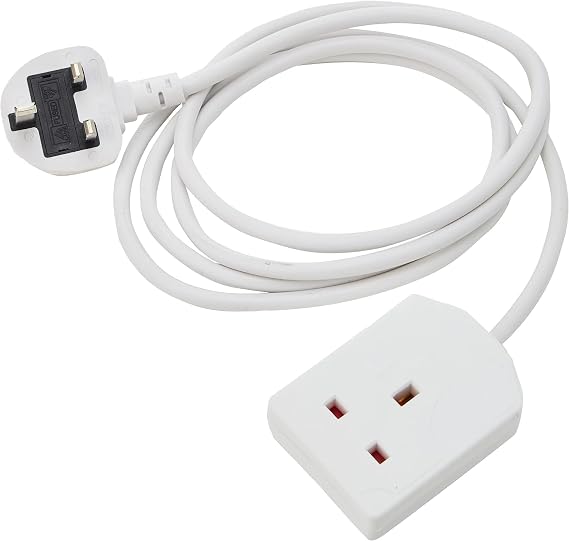 Single Socket Extension Lead 2 Meter 1 Way Mains Power 2m Cable 3 Pin Fused UK Plug Strip 13A Gang Extension Lead White Suitable For Outdoor Home