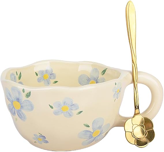 Cute Coffee Mug,Ceramic Tea Mug,Kawaii Coffee Cup,Handmade Mug,Creative Flower Blue Mugs with Spoon,Aesthetic Mugs for Milk Cappuccino Cocoa,250ml Cheery Mugs Gift for Women Christmas