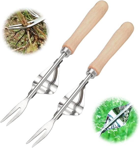 Weeding Tool V-Shaped Forks, Stainless Steel Weed Puller Tool with Metal Leverage Base to Easy Weed Removal & Deeper Root Digging, Manual Hand Weeder (2PCS)