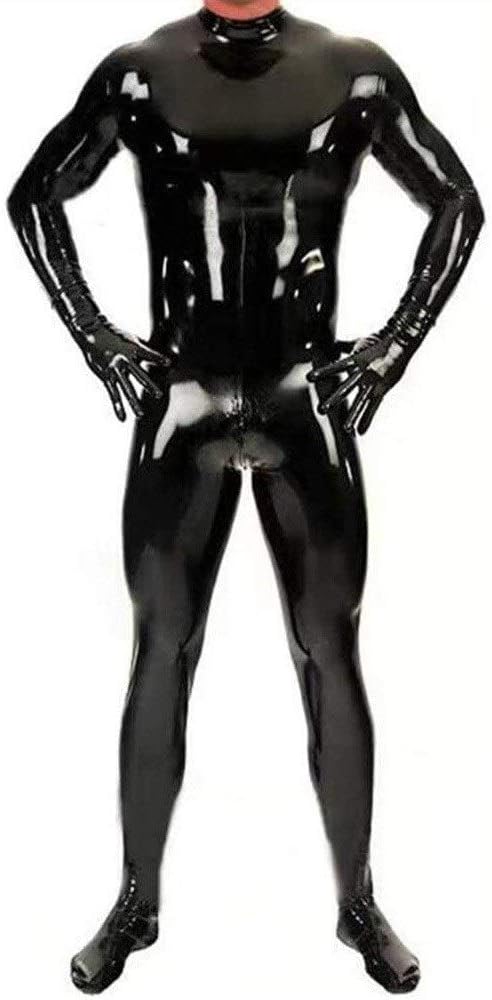 Full Latex Full Body Tights Wet Look Prisoner Bodysuit Gloves Mask Open Eyes & Mouth Zip Cosplay Catsuit Costume for Men, Black, Size XL