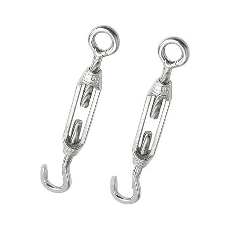 2PCS M4 Stainless Steel Turnbuckle Wire Tensioner Hook Eye Set for Adjustable Rope Cable Tie Rods Outdoor Garden Decking Fence Wire Strainer Durable Rustproof