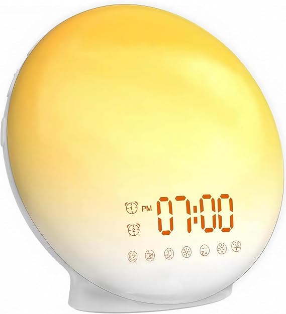 Light Alarm Clock Daylight Alarm Clock Sunrise Simulation Bedside Lamp with USB Charging Function Two Alarms 20 Brightness Snooze Function 7 Natural Sounds and FM Radio for Adults and Children [Energy Class G]