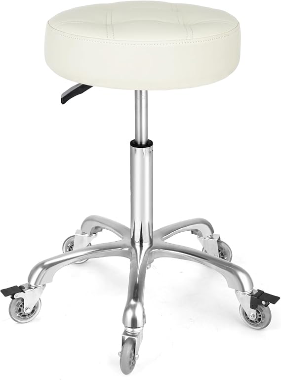 Adjustable Heavy Duty Stool - Rolling Stools with Locking Caster Wheels - Swivel Stools Backless Chair for Home Kitchen Office Shop Tattoo Lash Tech Pedicure(Off White, Height 56 to 76 cm)