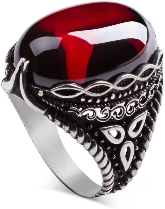 SISGEM Garnet Ring for Men S925 Sterling Silver Oval Garnet Gemstone Men Ring Handmade Silver Men Ring Jewellery Men Vintage Pattern Rings Father's Day Gift Men's Husband Modern Size I-Z+6