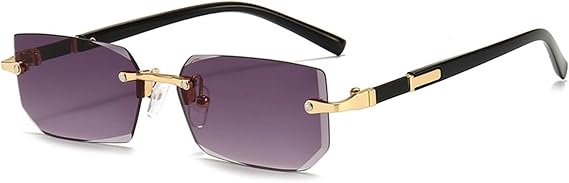 Rimless Rectangle Sunglasses, UV400 Protection Tinted Frameless Eyewear, Diamond Cut Lens Vintage Retro Purple Sunglasses for Driving and Outdoor Sports