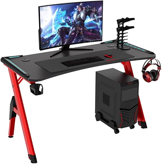 Bestier Gaming Desk with LED Lights, Ergonomic Gaming Desk for PC, Y-Shaped Computer Workstation with Heavy Duty Metal and Wood Computer Desk for Gaming and Office, Red