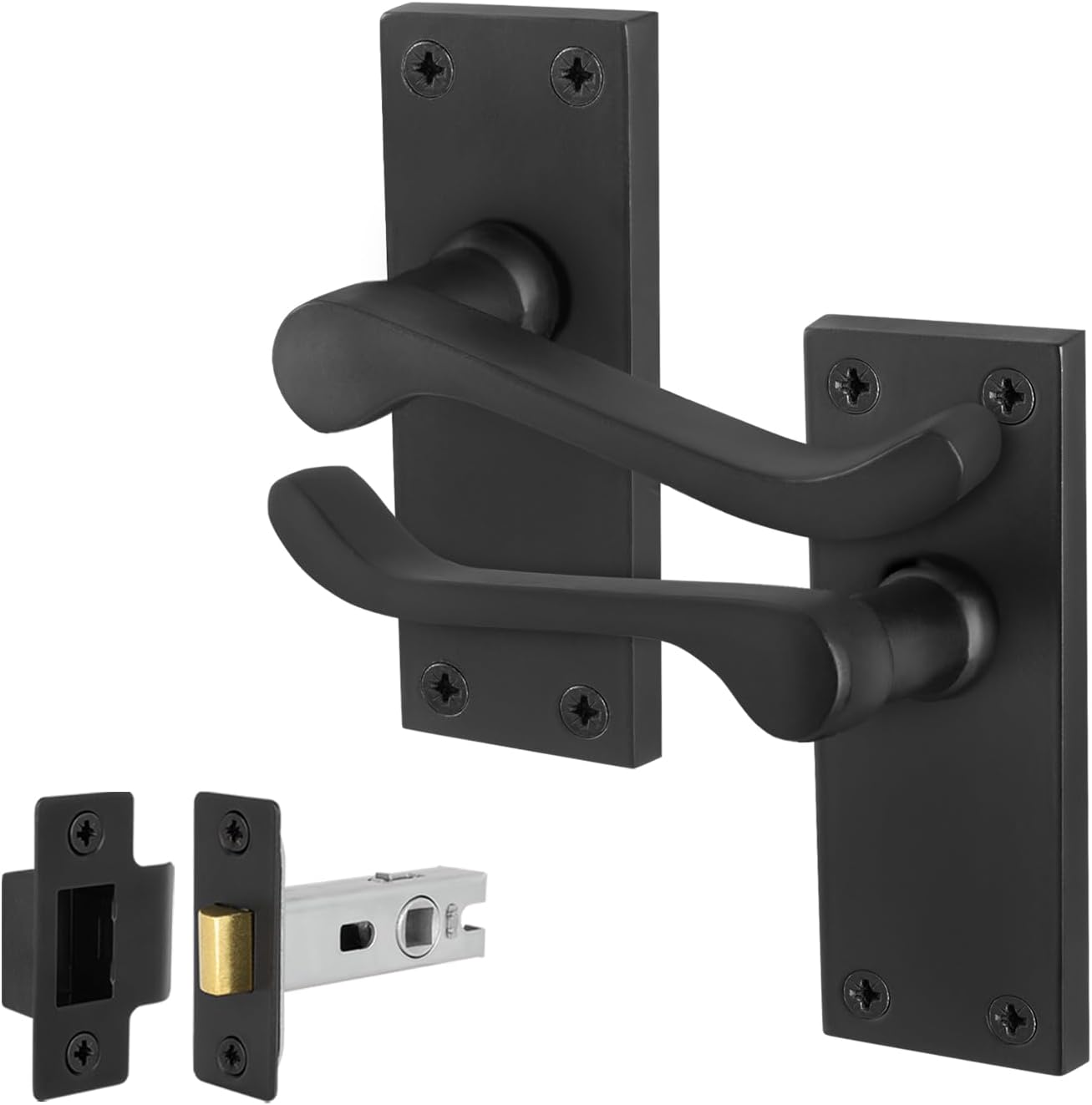 EAI Black Victorian Scroll Latch Handle Set, 1 Pair of Matt Black Internal Lever Door Handles on Backplate and Latch (64mm)