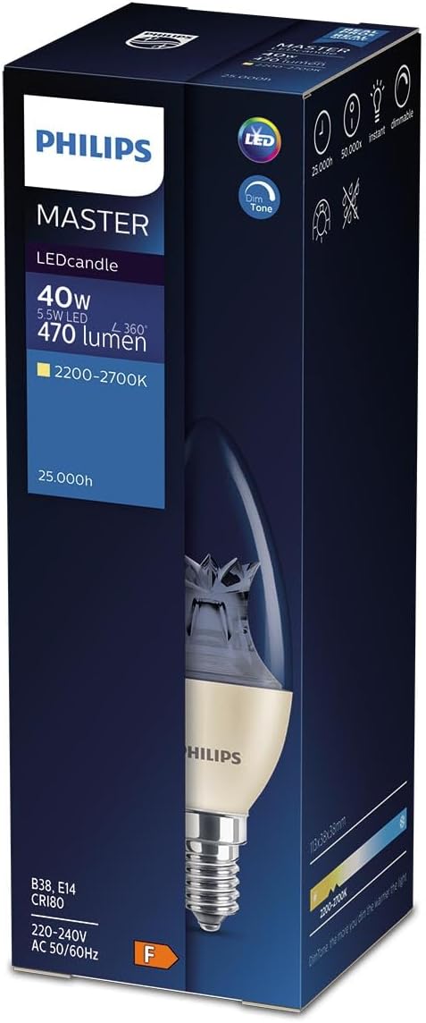 Philips Master LED Diamond Spark Candle DimTone 5.5W E14 (SES) Warm Glow Dimmable Candle Bulb, Incandescent Effect, Energy Saving LED, Long Life, Clear Finish, Home & Decorative Lighting