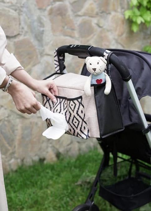 Bebek Arabası Düzenleyici Çanta – 37 × 12 × 19 cm, 3 İç Bölme, Kilitli Kulplu Organizer, Islak Mendil Cepli, Çok Gözlü Hafif Bebek Bakım Çantası (Siyah)