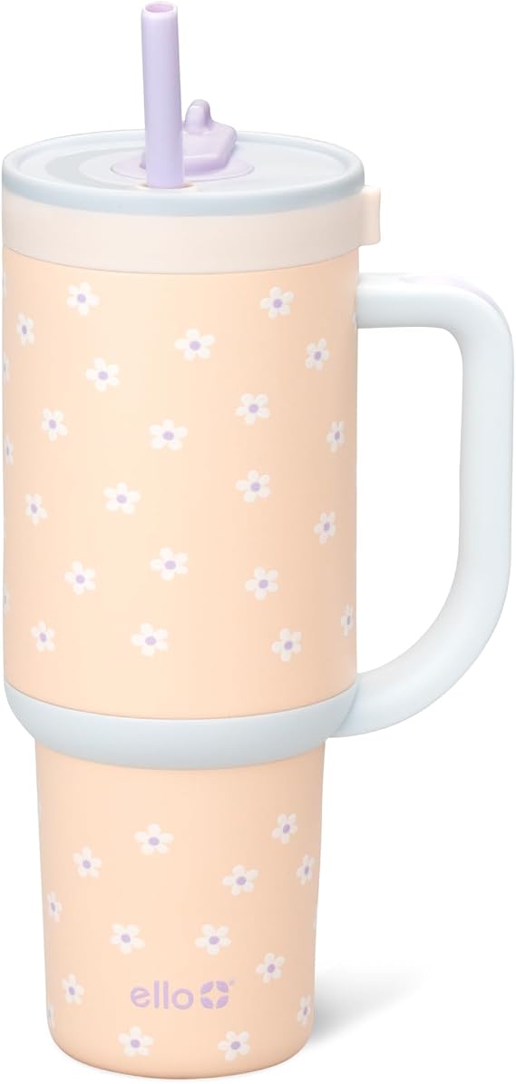 Ello Oasis 30oz Insulated Stainless Steel Tumbler with Straw, Orange Daisies