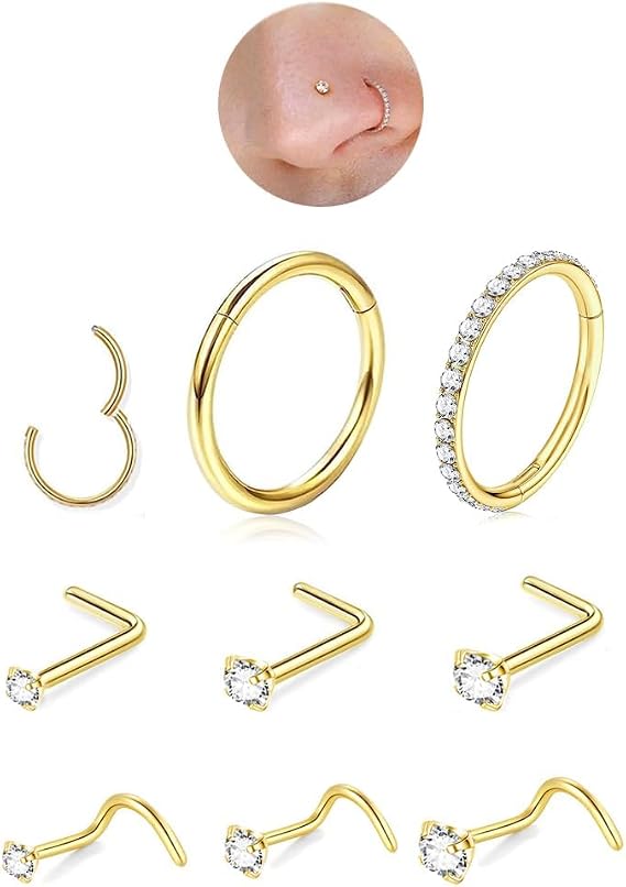 8PCS Hypoallergenic Titanium Nose Ring Stud, Gold Nose Hoop for Women Men Silver Thin Nose Rings L-Shape Corkscrew CZ Thin Nose Piercing Jewelry 2mm/2.5mm/3mm Small Nose Studs
