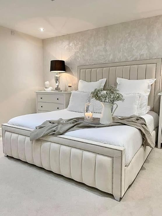 Bespoke Chesterfield Border Panel Bed Frame - UK made - Single/Double/King/Super King Size Plush Velvet Fabric Upholstered (Cream Plush, Small double 4ft)