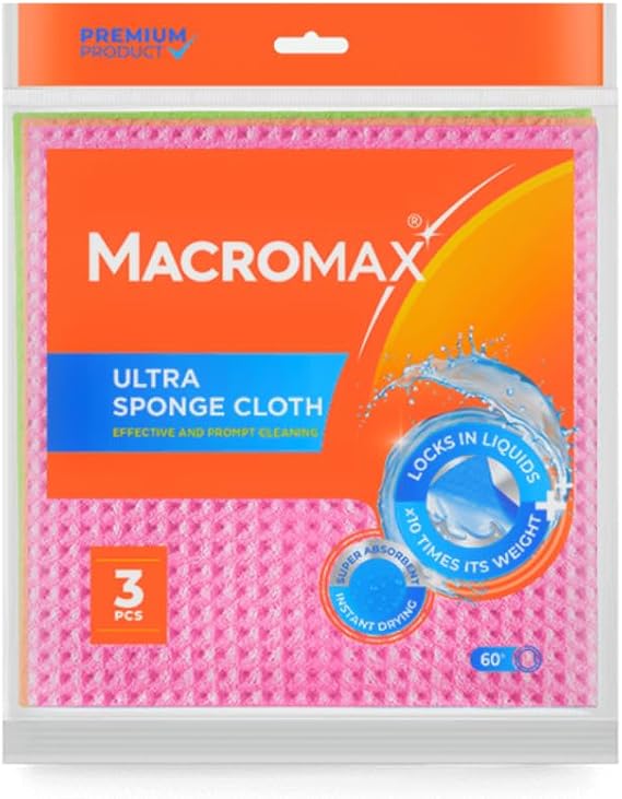 Macro Max Ultra Sünger Bez 3'lü Paket, Ağırlığının 10 Katı Su Emen Yüksek Performanslı Mutfak Bezi