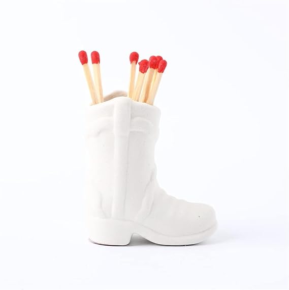 Cowboy Boot Match Holder White Matchstick Holder with Striker Match Jar