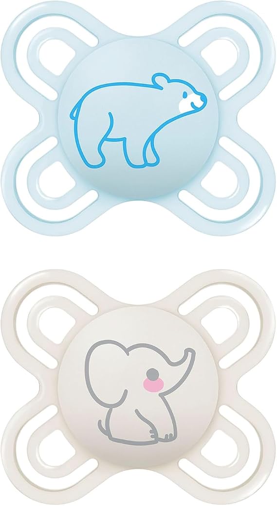 MAM Perfect Start Silicone Pacifier Set of 2 for Healthy Oral Development 0-2 Months, 2 Baby Accessories Kit with Sterilizer Pacifier Holder, Light Blue & Neutral