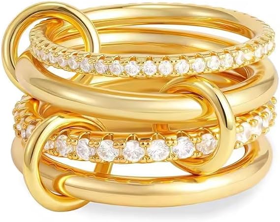 Gold Silver Stackable Rings for Women Multi Link Connected Rings Chunky Interlocking Eternity Statement Ring cz Connected Band Thumb Non Tarnish Ring