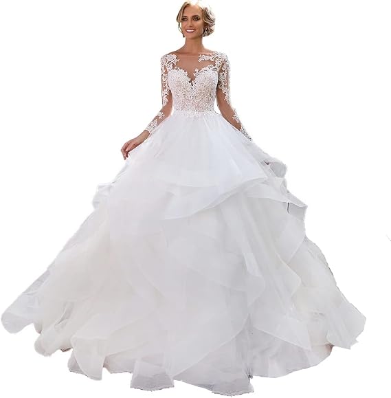 Acecare GREOENEL Amor A-Line Appliques Tulle O-Neck Bridal Gowns Full Sleeves Elegant Sexy Backless Beading Wedding Dresses