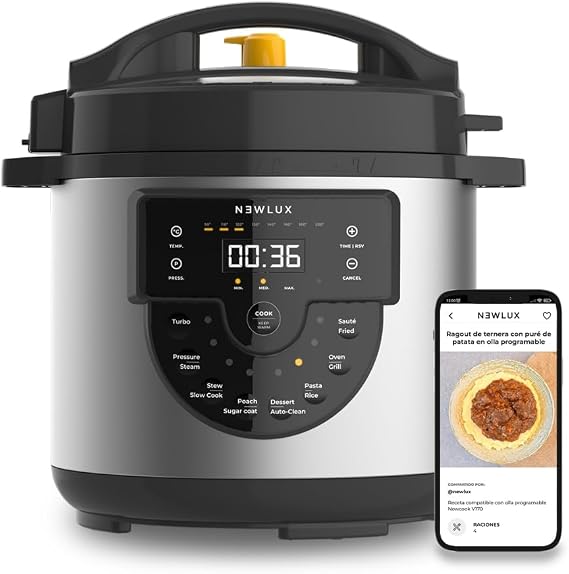 NEWLUX - 6L Chef Pot V170, Electric Multifunction Pressure Cooker with Voice, 15 Functions, 1000W, Programmable 24h, 4 Pressure Levels, 100% Non-Stick Bucket | Frying Accessory