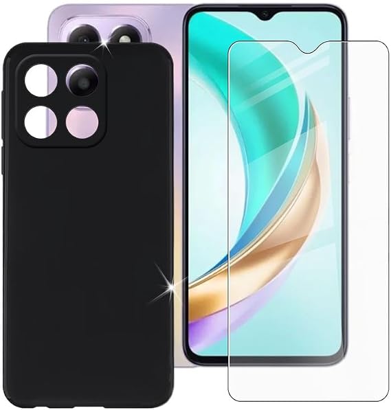 Honor X6b Plus16.66インチ用ケースフォンケース+スクリーンプロテクター-カバーシェル ソフトシリコンブラック保護ケース バンパー追加ベルト 強化ガラス 硬度9H - ブラック