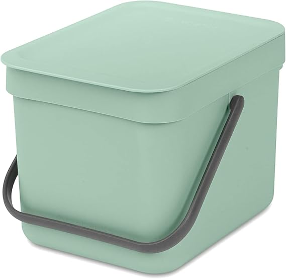 Brabantia Sort &amp; Go Food Waste Bin 6L (Jade Green), Space-Efficient Plastic Recycle Bin with Handle, Removable and Stay-Open Lid, Easy to Clean Kitchen Compost Caddy without Nooks and Rims