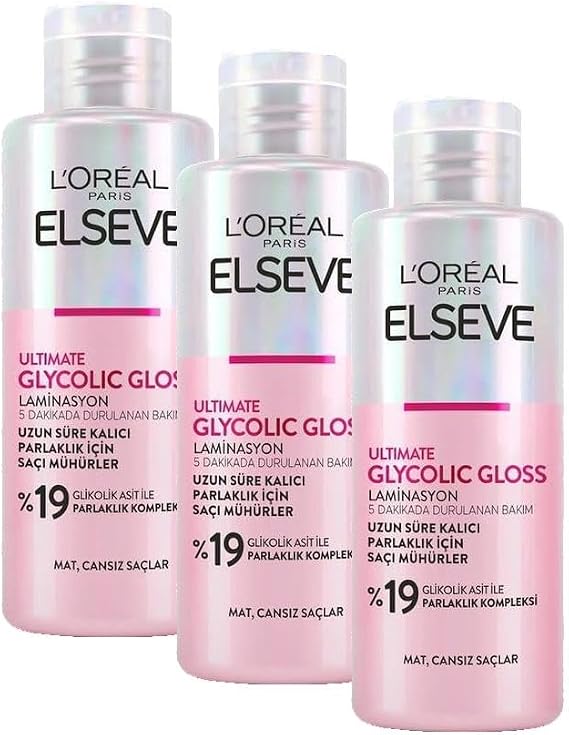 L'Oreal Paris Elseve Glycolic Gloss Parlaklığı Saça Mühürleyen Laminasyon 5 Dakikada Durulanan Bakım 200 ml (3 paketi)