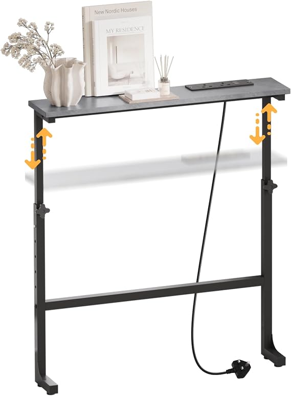 Slim Console Table, 75cm Height Adjustable Behind Sofa Table with Charging Station for Hallway, Entryway, Living Room, Grey