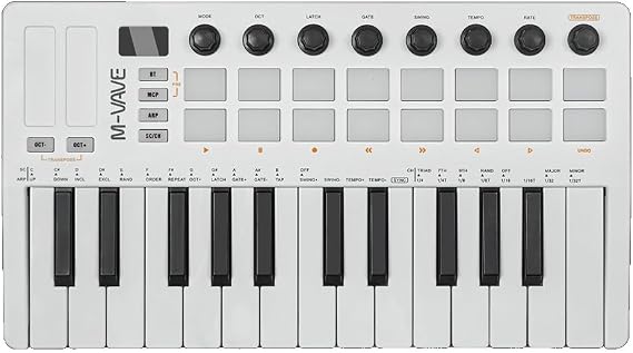 M-Vave SMK 25 MKII - Wireless BT Midi Keyboard Controller with 16 Backlit Drum Pads, 8 Buttons, Arpeggio, USB, White