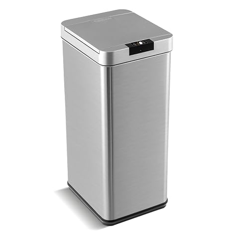 COSTWAY 48L Automatic Kitchen Bin, Touchless Infrared Motion Sensor Garbage Bin with Soft Closure Lid & Stay Open Function, Anti-Fingerprint Stainless Steel Slim Trash Can for Bathroom Office