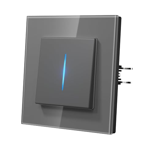 Flush-Mounted Light Switch Light Switch with Blue Light Strips Modern Glass Switch Easy Installation 86 mm x 86 mm Wall Switch Single 1-Way Grey
