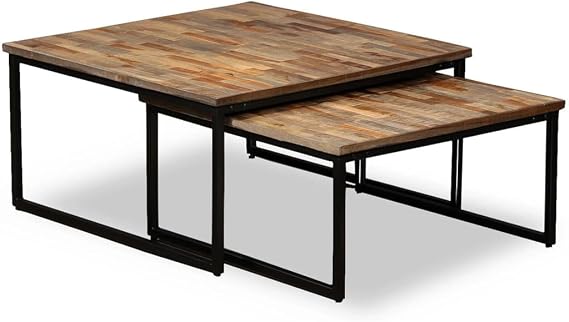 Two Piece Solid Reclaimed Teak Coffee Table Set, Handmade Wooden Nesting Table and Side for Living Room, Sturdy Steel Legs Couch with Natural Wood Grain Variations
