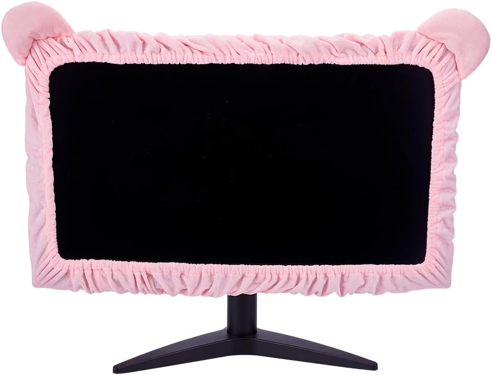 CREATCABIN 23"-27" Kawaii Computer Monitor Cover with Cat Ear Design Pink Computer Monitor Protective Cover Screen Elastic Dustproof Display Furry Bowknot Decoration for PC Tablet Laptop TV LCD