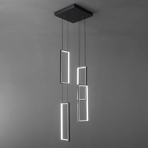 Modern Dimmable Kitchen Pendant Lights LED Black Hanging Lamp 4 Ring Rectangular Chandelier for Dining Room Bedroom Living Room Corridor [Energy Class E]