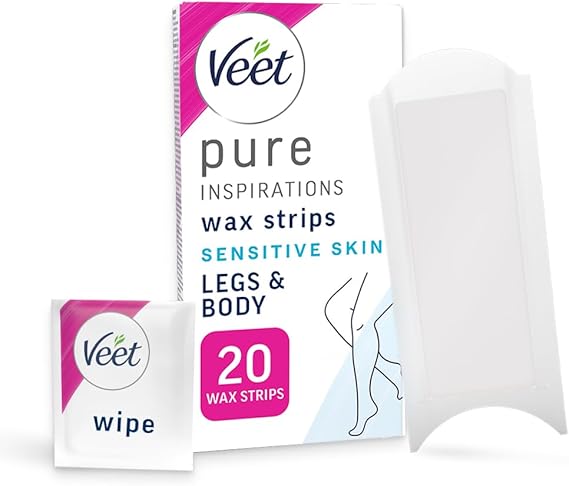 Veet Pure Legs & Body Cold Wax Strips, 20 Strips, 2 Wipes, Sensitive Skin