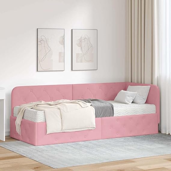 Corner Bed Frame with Mattress, Pink Velvet, 80 x 200 cm, L Shape, Modern Design, Foam Mattress Included, Single Bed with Headboard