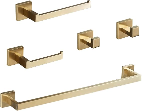 Bathroom Hardware Set 24-Inch Towel Bar,2pcs Towel Hook,Toilet Paper Holder,Hand Towel Holder Stainless Steel Brushed Gold Bathroom Accessories