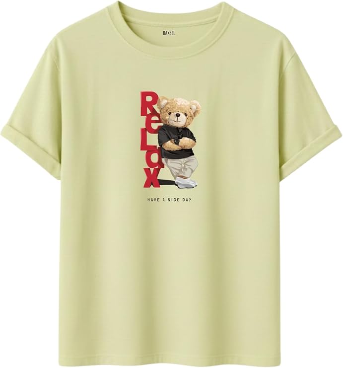 Unisex Oversize Relax Bear Grafik Baskılı Pamuklu Tişört, Streetwear Tarzı, Premium Baskı