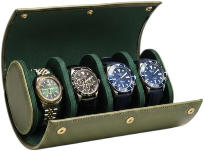 4’lü Deri Saat Kutusu Silindir Tasarım Taşınabilir Saat Saklama Organizer 24x11x7 cm (Haki)