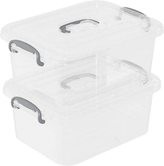 2 Packs Plastic Storage Boxes with Grey Handle, Clear, 7 L