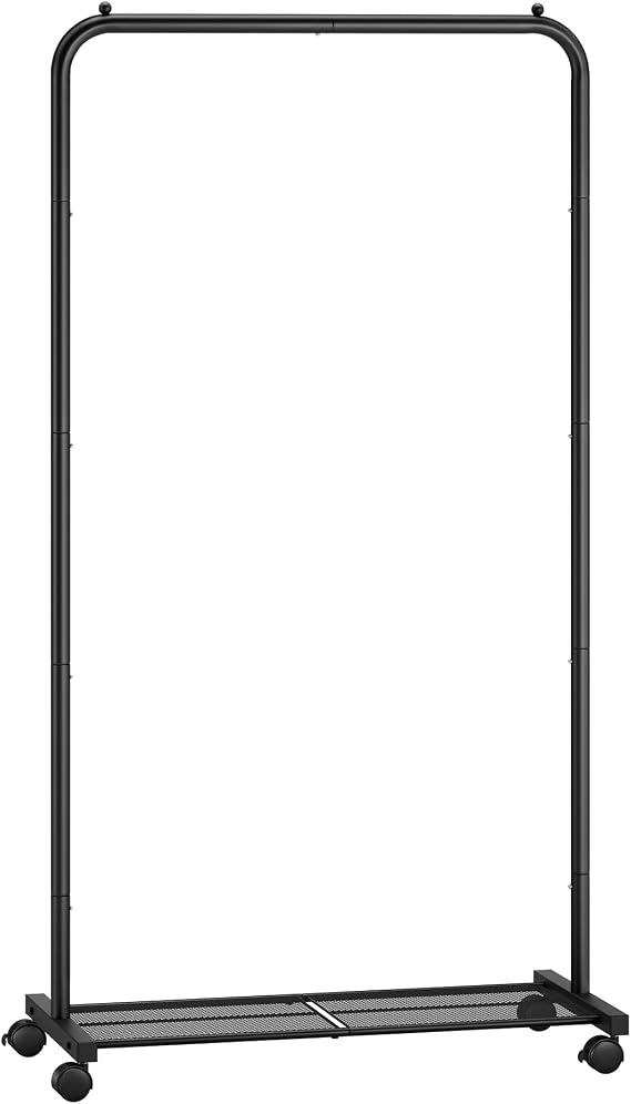 SONGMICS Clothes Rack, Clothes Rail on Wheels, Metal Clothing rail for Bedroom, 74 cm Long Hanging Rail, with Storage Shelf, 2 Lockable Wheels, 35 kg Load Capacity, Black HSR130B01