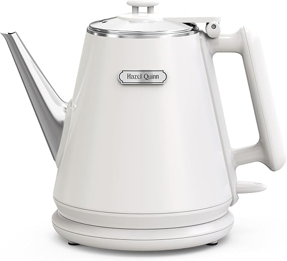Hazel Quinn Electric Kettle 1 Litre Retro Design Small Tea Kettle Double Walled 304 Stainless Steel 1360W Fast Cooking BPA-Free Automatic Shut-Off White