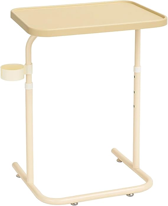 Adjustable Overbed Table with Wheels Portable Bedside Laptop Desk Height Adjustable Rolling Table for Sofa Couch Multi-Function Mobile Desk with Cup Holder for Home Office Use (Beige)
