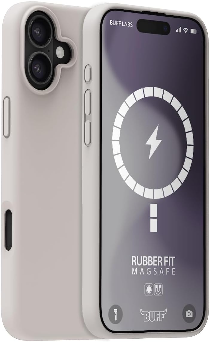 BUFF LABS iPhone 16 Plus ile Uyumlu Magsafe Destekli Rubber Fit Silikon Kılıf, Yumuşak, Kablosuz Şarj, Tam Koruma (Stone Gray)