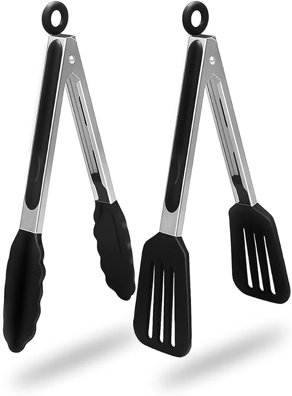 Kitchen Tongs with Padlock System | 9 Inch Silicone Tip Tongs | Non Stick for Air Fryer & Salad/Pasta | Kitchen Utensil Cooking Tongs Set of 2 | Food Grade Silicone Tong for Baking, Frying, Serving