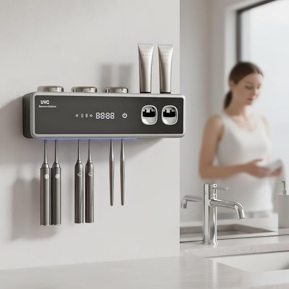 Smart Toothbrush Holder with UV Sterilization, Automatic Toothpaste Dispenser and Drying Function, Wall Mounted(Black)