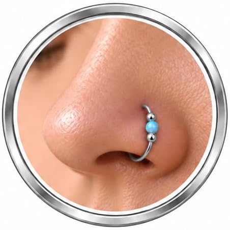 Thin 20g Silver Nose Ring - Delicate and Comfortable 925 Sterling Silver Hoop with 3mm White Opal - Trendy 20 Gauge 7mm Nose Piercing Jewelry