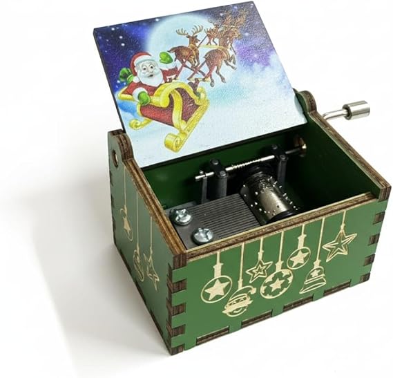 Ahşap Yılbaşı Müzik Kutusu, Merry Christmas Şarkısı Çalan, Çevirmeli Mekanizma, Noel Baba ve Ren Geyiği Tasarımlı, Yeşil, Dekoratif Hediye