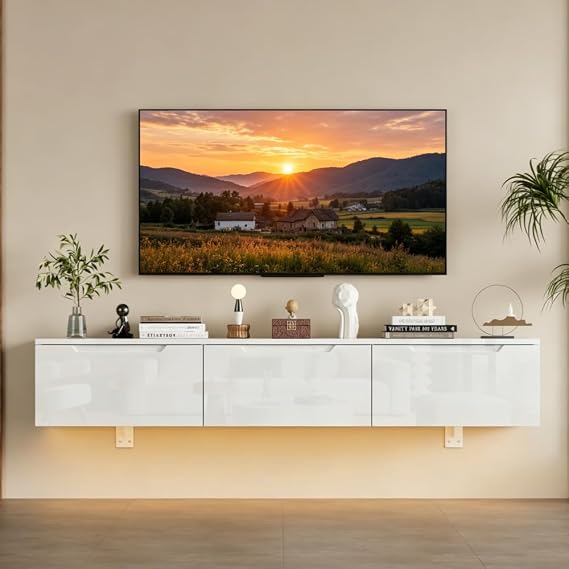 140cm Floating TV Unit Stand with Led Light, Wall Mounted TV Media Cabinet Entertainment Center with Drawer and Shelves White High Gloss for 32"-65" TV for Living Room Bedroom