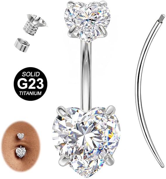 AVYRING 14G G23 Solid Titanium Belly Button Bar – 5A Cubic Zirconia Navel Piercing Jewelry, Heart Belly Bar with Piercing Taper Tool, 6mm 8mm 10mm12mm 14mm 16mm Length for Women Men