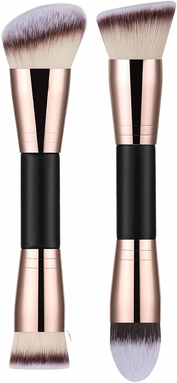 Foundation Makeup Brushes, 2Pcs Premium Double-Ended Makeup Brush (Flat/Angled/Angled Round/Tapered Top) for Buffing Liquid, Cream, Powder, Blending Face Brush