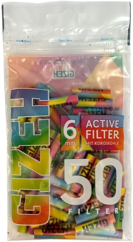 Gizeh Activated Carbon Filter Slim Size 6 mm Rainbow Pack of 50 PE Bags